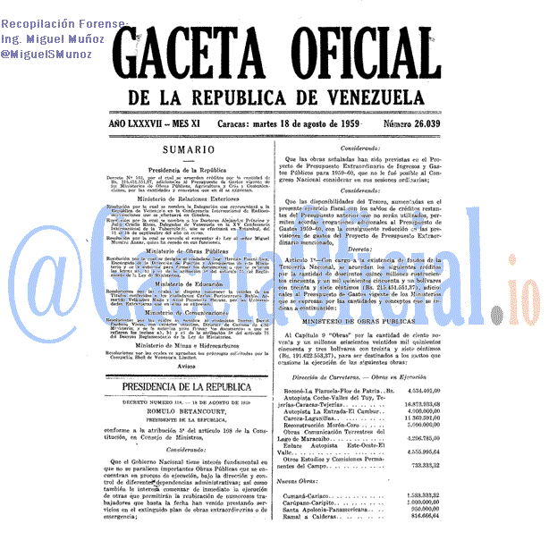 Gaceta Oficial 26039 del 18 Agosto 1959