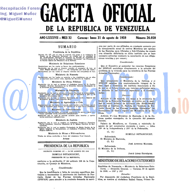 Gaceta Oficial 26050 del 31 Agosto 1959