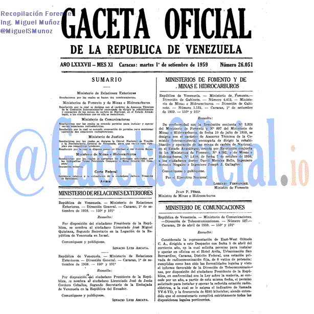 Gaceta Oficial 26051 del 1 Septiembre 1959