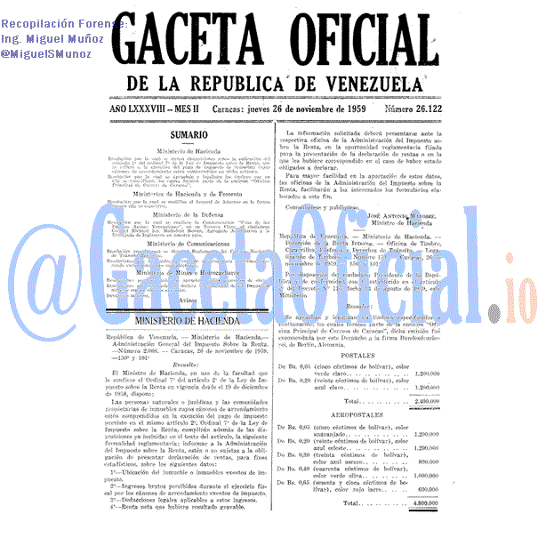 Gaceta Oficial 26122 del 26 Noviembre 1959