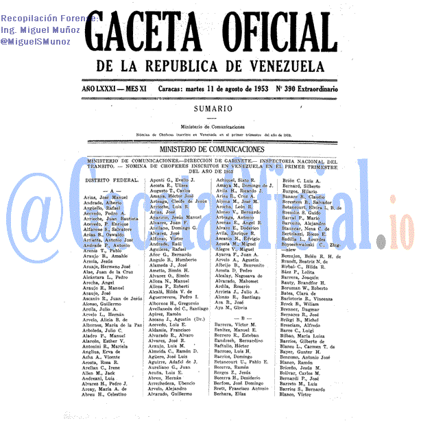 Gaceta Oficial 390 del 11 Agosto 1953