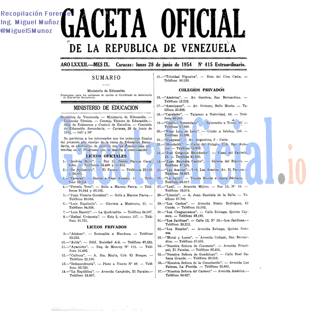 Gaceta Oficial 415 del 28 Junio 1954