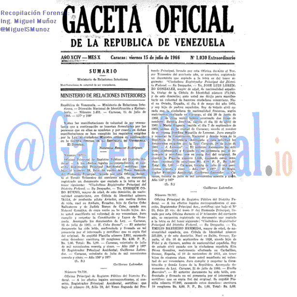 Gaceta Oficial 1030 del 15 Julio 1966