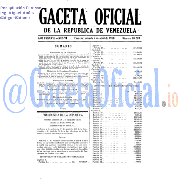 Gaceta Oficial 26223 del 2 Abril 1960