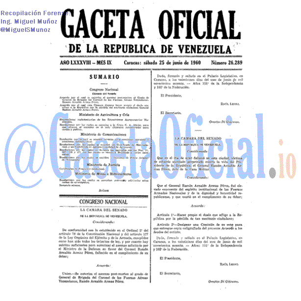 Gaceta Oficial 26289 del 25 Junio 1960