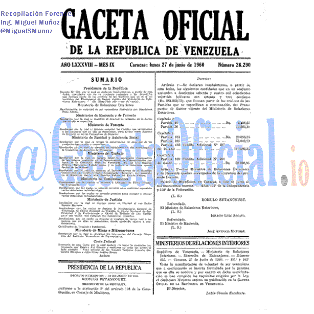Gaceta Oficial 26290 del 27 Junio 1960