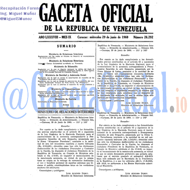 Gaceta Oficial 26292 del 29 Junio 1960