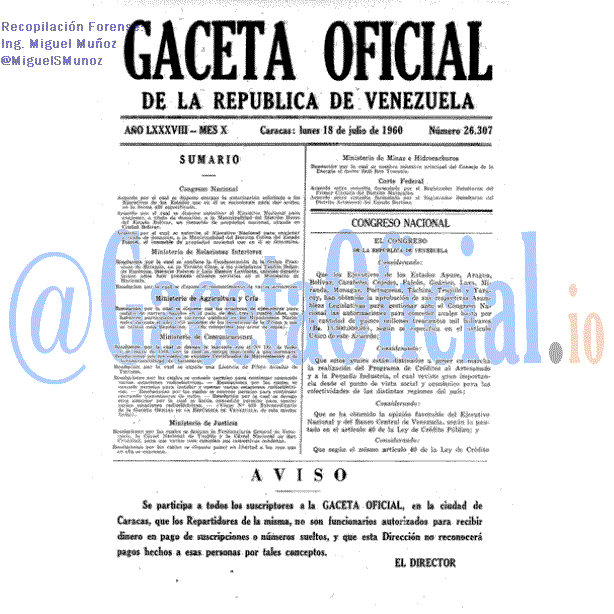 Gaceta Oficial 26307 del 18 Julio 1960