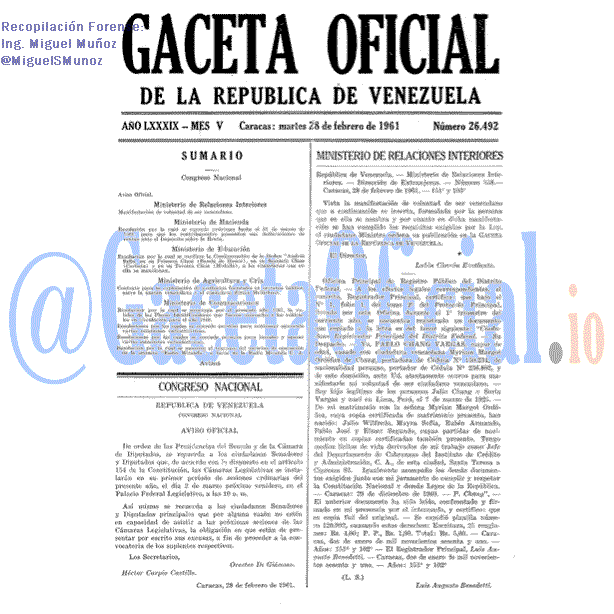 Gaceta Oficial 26492 del 28 Febrero 1961