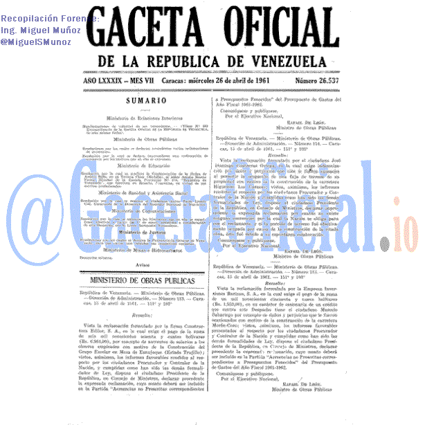 Gaceta Oficial 26537 del 26 Abril 1961