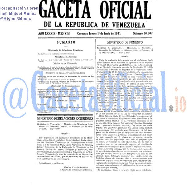 Gaceta Oficial 26567 del 1 Junio 1961