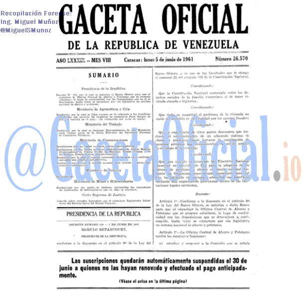Gaceta Oficial 26570 del 5 Junio 1961