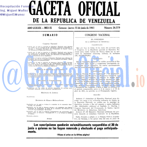 Gaceta Oficial 26579 del 15 Junio 1961