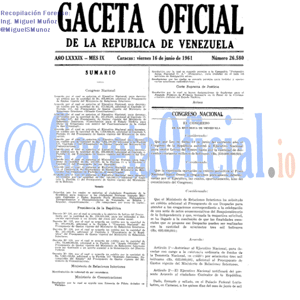 Gaceta Oficial 26580 del 16 Junio 1961