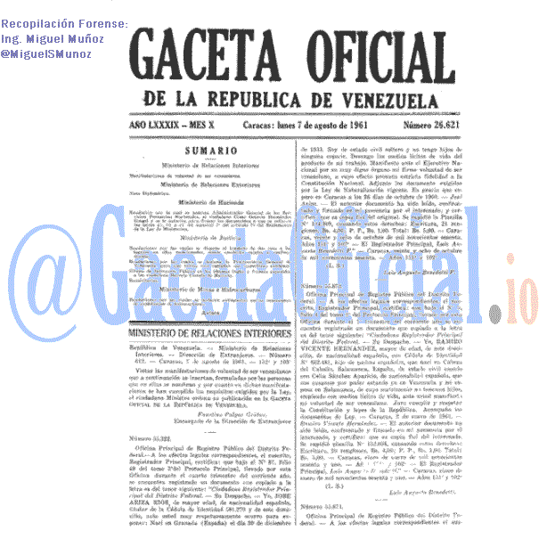 Gaceta Oficial 26621 del 7 Agosto 1961