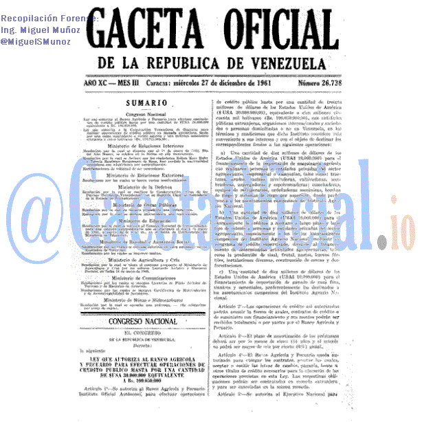 Gaceta Oficial 26738 del 27 Diciembre 1961