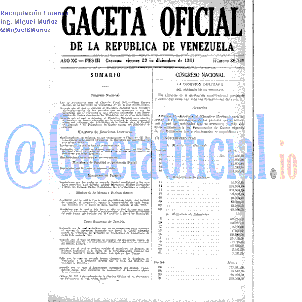 Gaceta Oficial 26740 del 29 Diciembre 1961