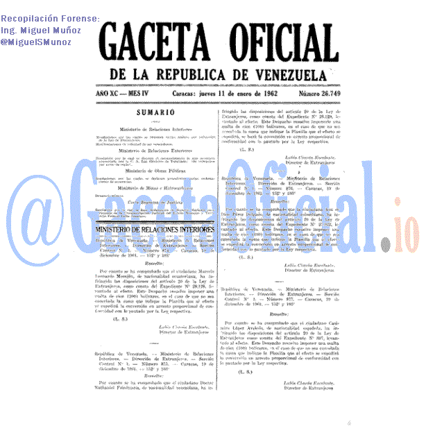 Gaceta Oficial 26749 del 11 Enero 1962