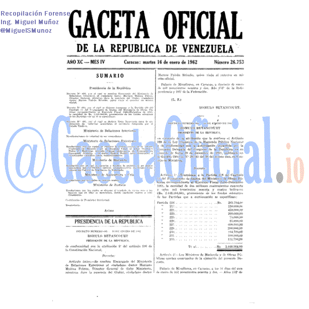 Gaceta Oficial 26753 del 16 Enero 1962