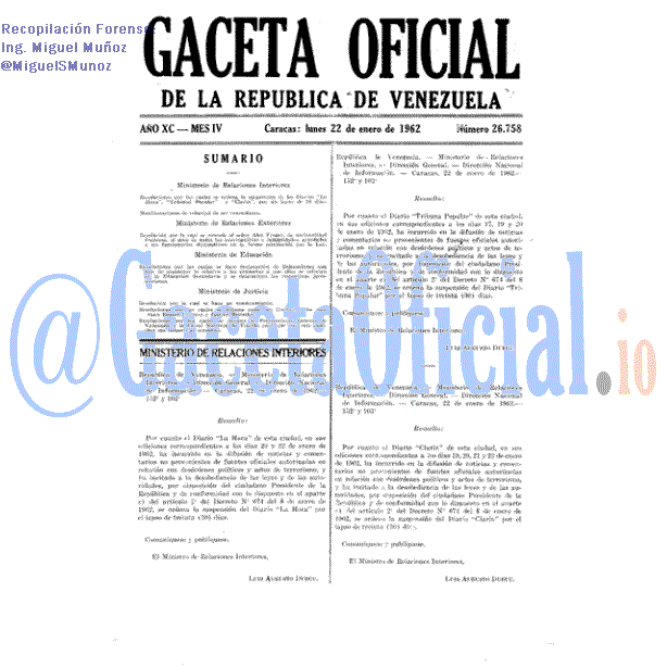 Gaceta Oficial 26758 del 22 Enero 1962