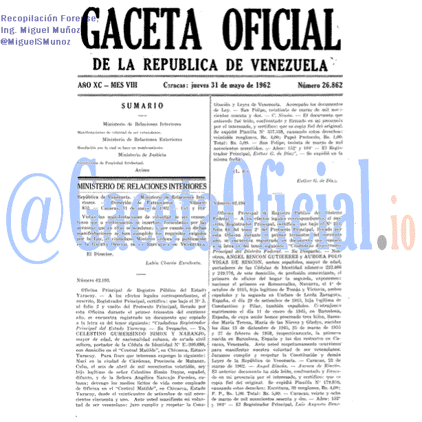 Gaceta Oficial 26862 del 31 Mayo 1962