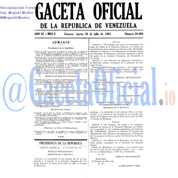 Gaceta Oficial 26908 del 26 Julio 1962