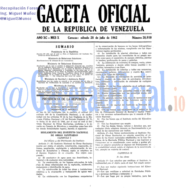 Gaceta Oficial 26910 del 28 Julio 1962