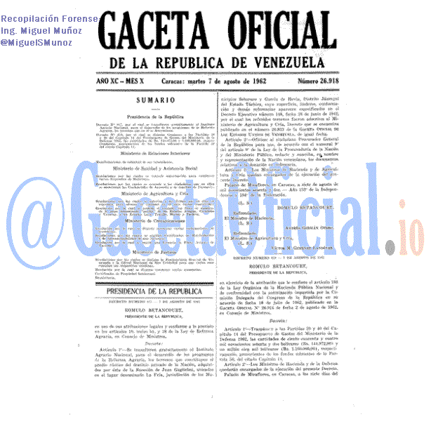 Gaceta Oficial 26918 del 7 Agosto 1962