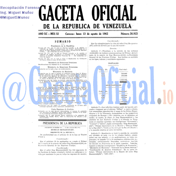 Gaceta Oficial 26923 del 13 Agosto 1962