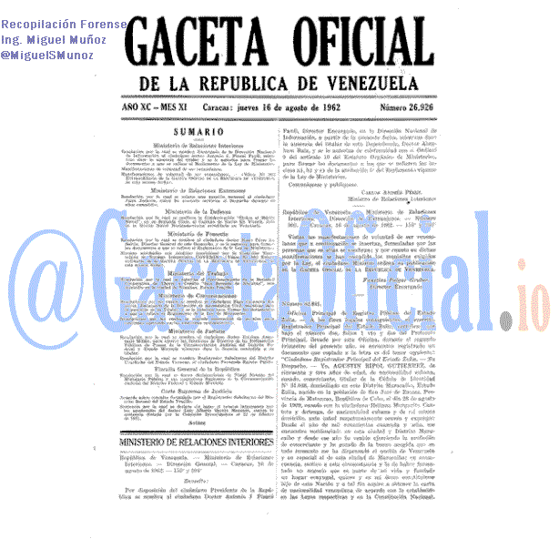 Gaceta Oficial 26926 del 16 Agosto 1962