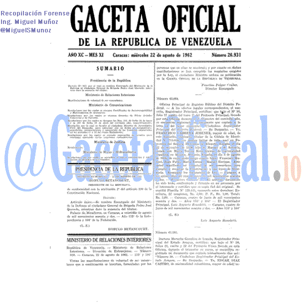 Gaceta Oficial 26931 del 22 Agosto 1962