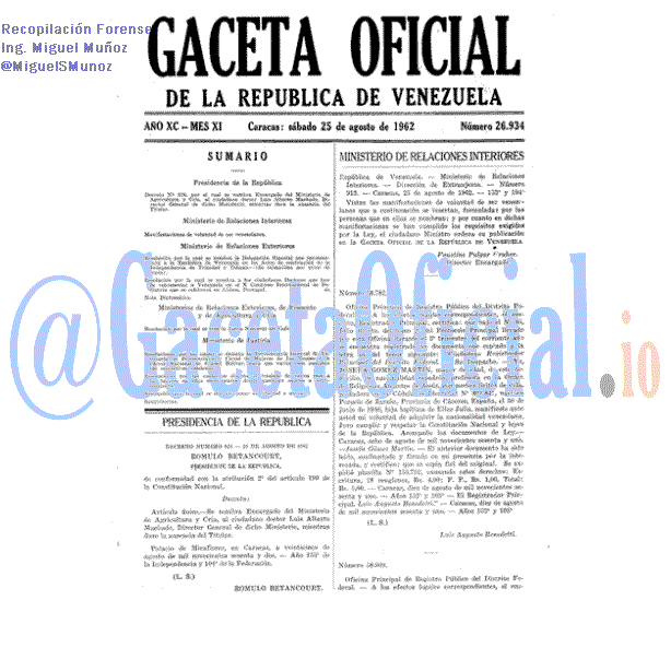 Gaceta Oficial 26934 del 25 Agosto 1962