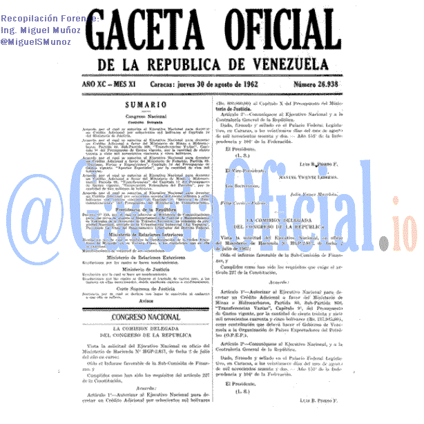 Gaceta Oficial 26938 del 30 Agosto 1962