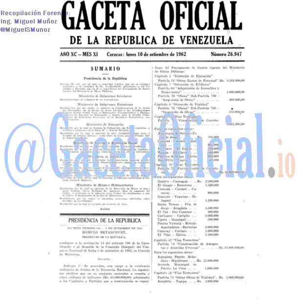 Gaceta Oficial 26947 del 10 Septiembre 1962