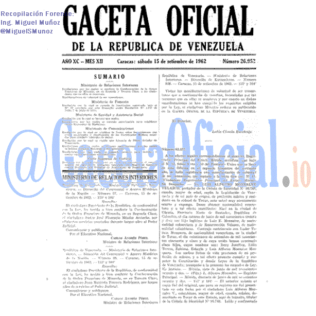 Gaceta Oficial 26952 del 15 Septiembre 1962