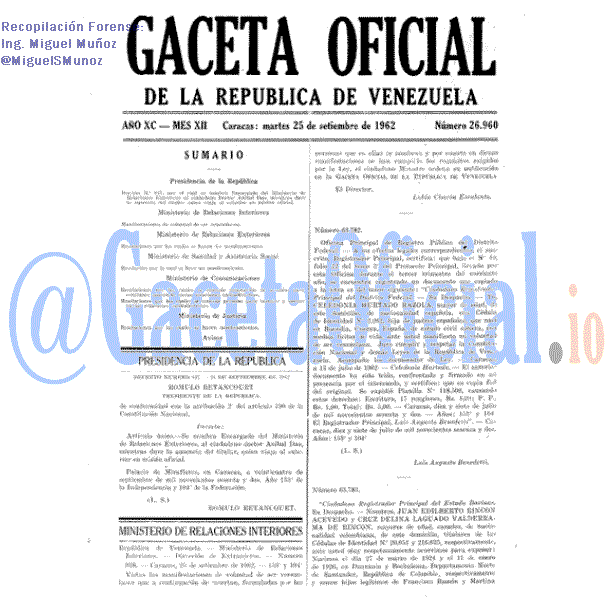 Gaceta Oficial 26960 del 25 Septiembre 1962