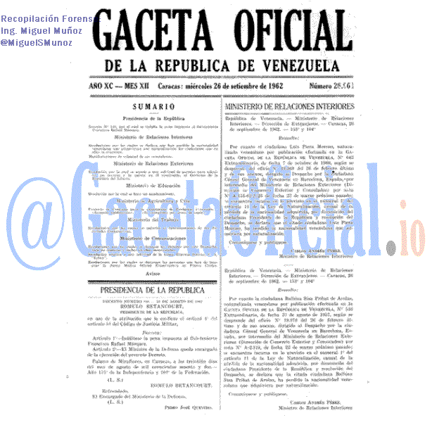 Gaceta Oficial 26961 del 26 Septiembre 1962