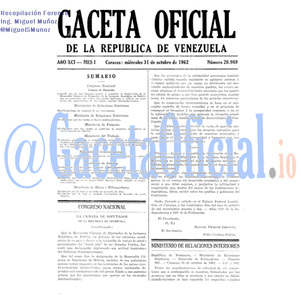 Gaceta Oficial 26989 del 31 Octubre 1962