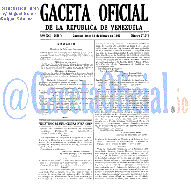 Gaceta Oficial 27079 del 18 Febrero 1963