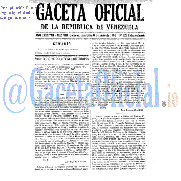 Gaceta Oficial 626 del 8 Junio 1960