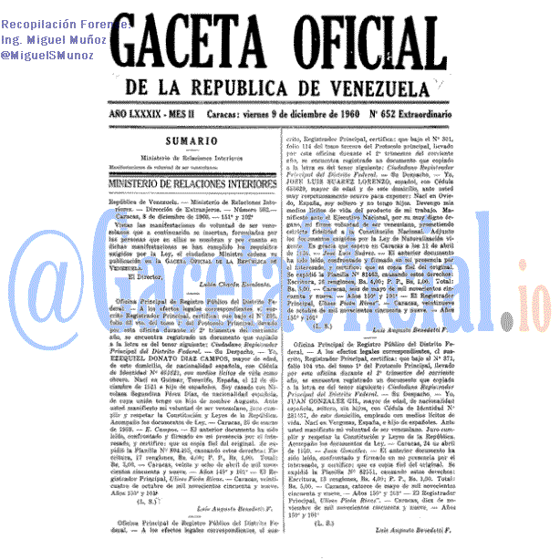 Gaceta Oficial 652 del 9 Diciembre 1960