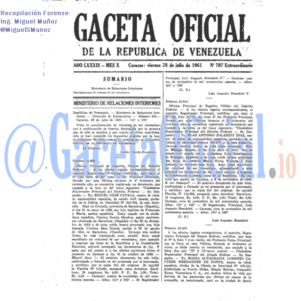 Gaceta Oficial 707 del 28 Julio 1961