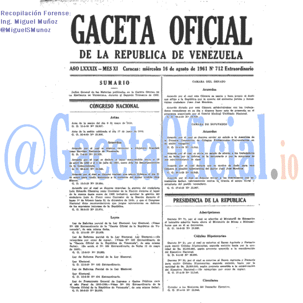 Gaceta Oficial 712 del 16 Agosto 1961