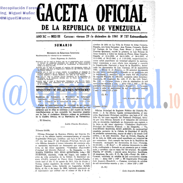 Gaceta Oficial 737 del 29 Diciembre 1961
