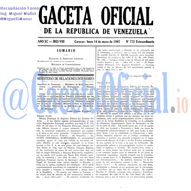 Gaceta Oficial 773 del 14 Mayo 1962