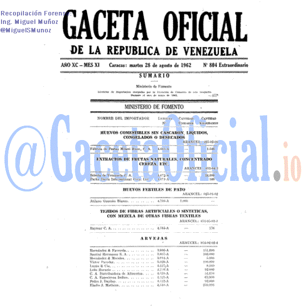 Gaceta Oficial 804 del 28 Agosto 1962