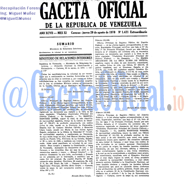 Gaceta Oficial 1421 del 20 Agosto 1970