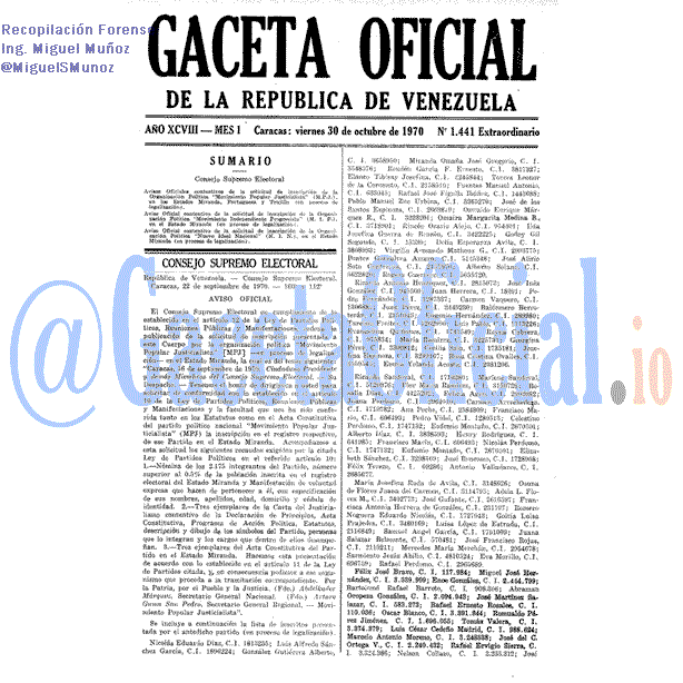 Gaceta Oficial 1441 del 30 Octubre 1970