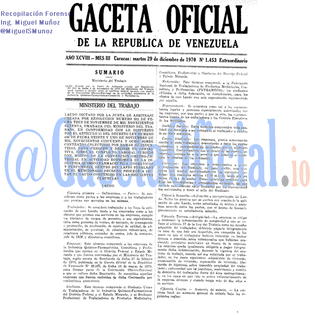 Gaceta Oficial 1453 del 29 Diciembre 1970