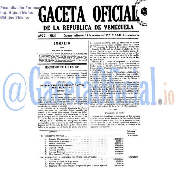 Gaceta Oficial 1546 del 18 Octubre 1972
